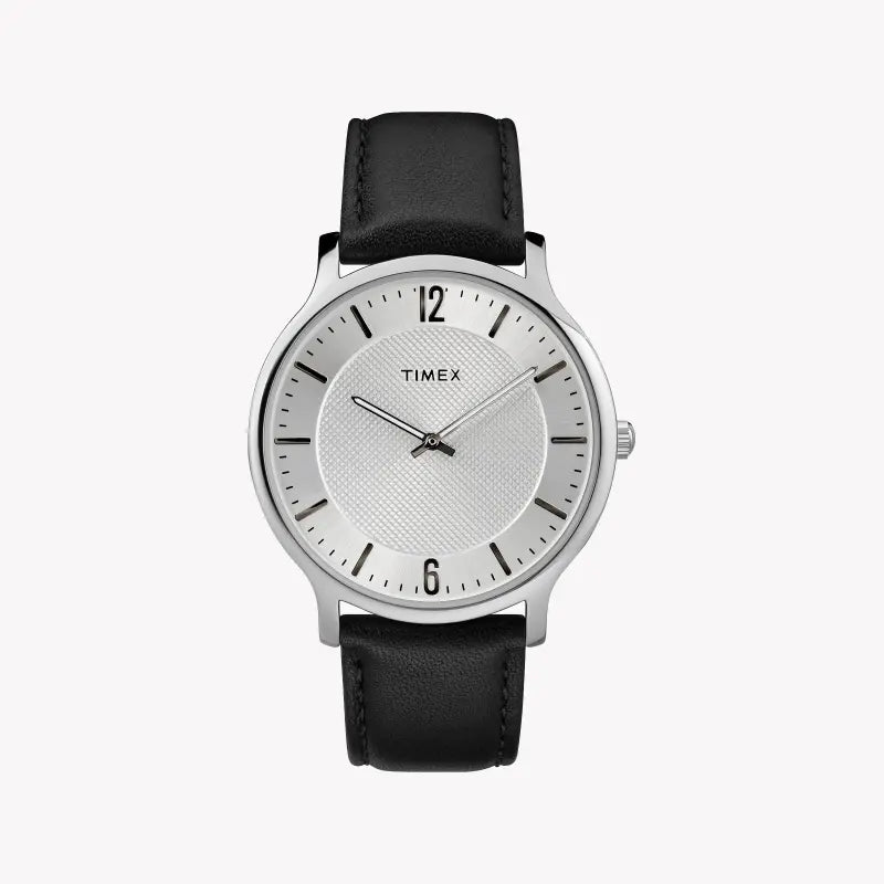 Timex Men's Black Leather Watch, Silver Dial | Tw2r50000
