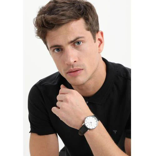Timex Men's Black Leather Watch, Silver Dial | Tw2r50000